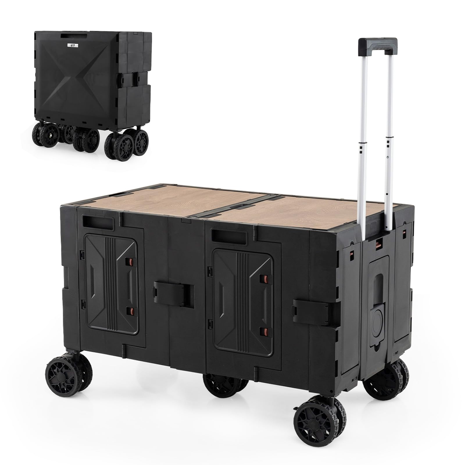TANGZON Garden Folding Trolley Cart, 150L Collapsible Heavy Duty Wagon Cart with 5 Wheels, Telescoping Handle, Cup Holder, Side Doors & Racks, Utility Storage Trolley on Wheels (Black)