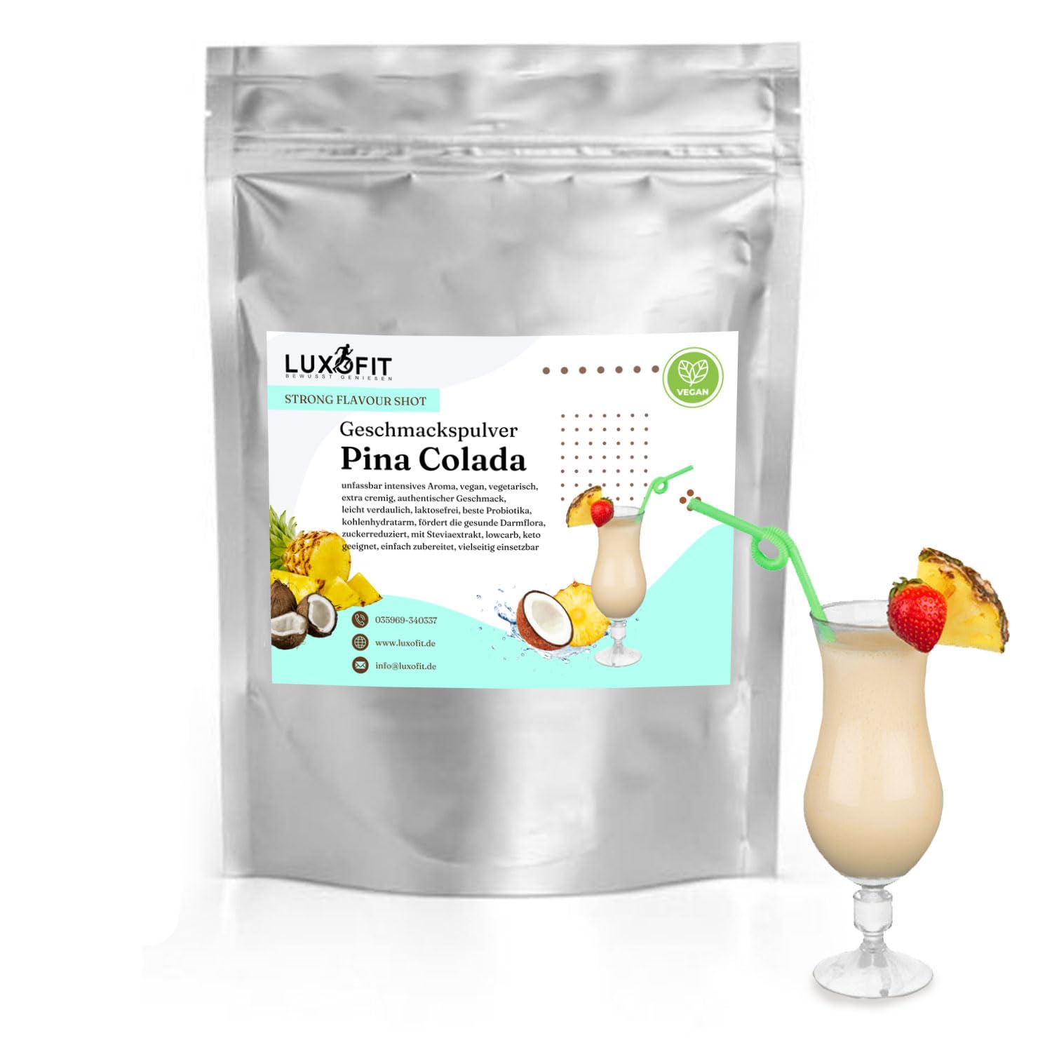 Luxofit STRONG FLAVOUR SHOT Kalorienarmes Geschmackspulver vielseitig einsetzbar für Lebensmittel, Vegan, Zuckerreduziert, Geschmacksvielfalt, Aromatisches Pulver (Pina Colada)