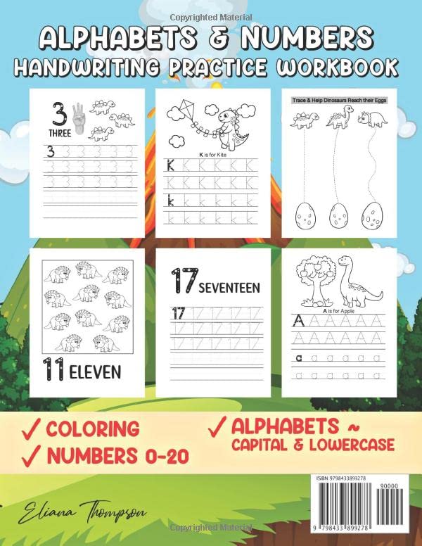 Dinosaur Letter And Number Tracing Book For Kids Ages 3-5: Handwriting Practice Workbook to Learn to Write Alphabets & Numbers 0-20 for Pre-K & Kindergarten Kids! - Image 2