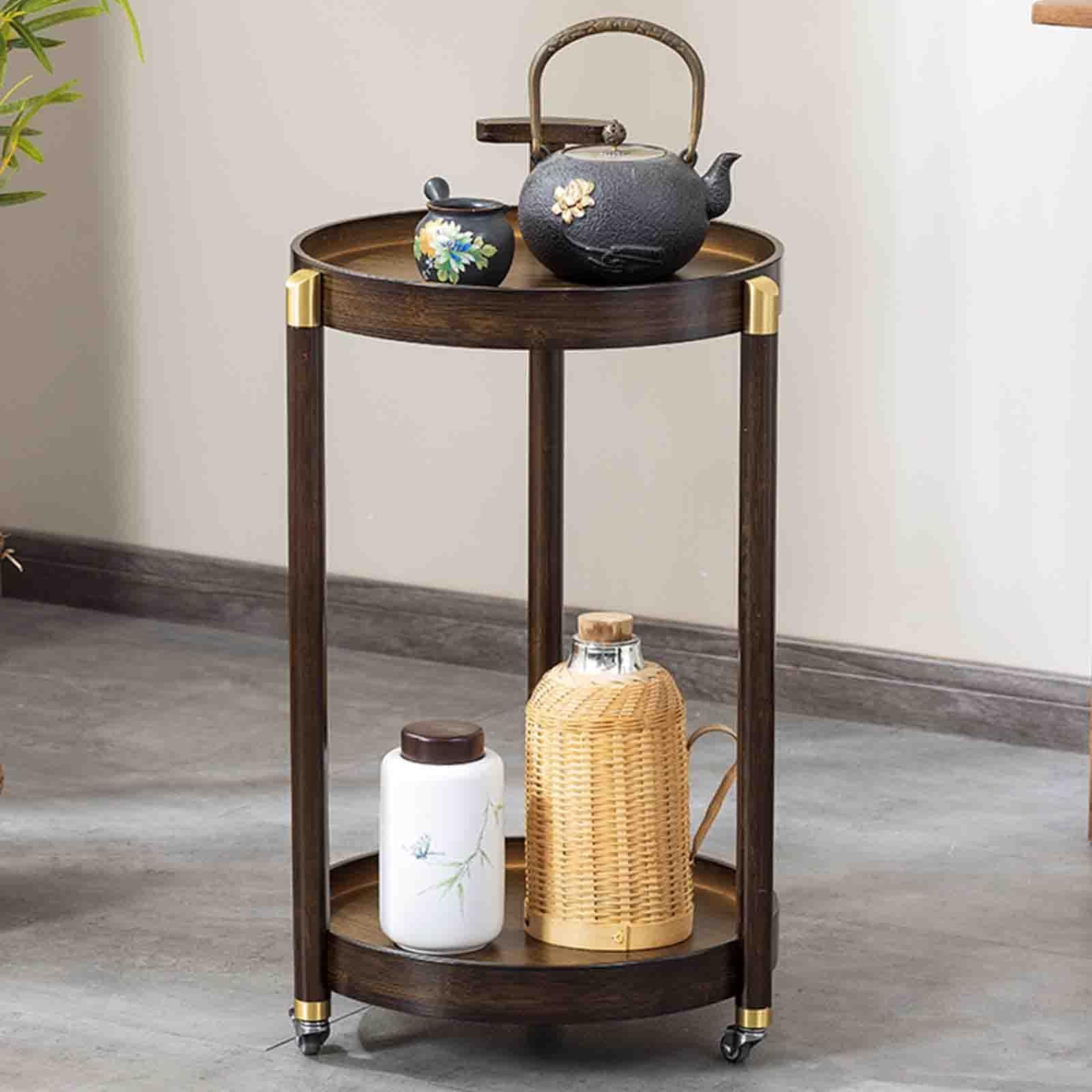 Mesa auxiliar giratoria con asa, bandeja redonda de 2 capas y unidad de estantería, carrito de almacenamiento móvil para dormitorio, sala de estar, cocina y baño