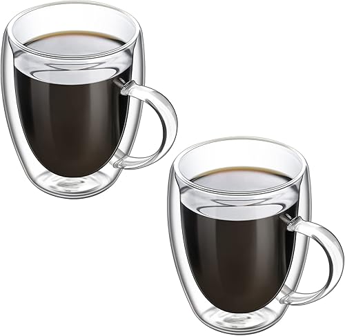 Juego de 2 tazas de café de cristal con asa, tazas de café de doble pared, tazas de café para capuchino, latte, expreso, americano (5 onzas5.1fl oz)