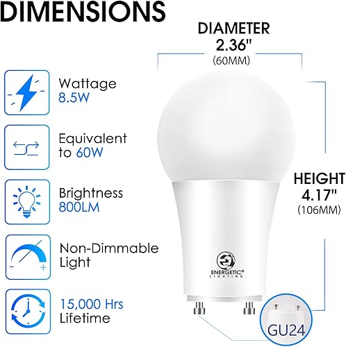 Miniatura 2 de Energetic - Bombilla LED GU24, equivalente a 60 vatios (8.5 W), blanco cálido de 3000 K, 800 lúmenes, no regulable, bombilla de 2 puntas,
