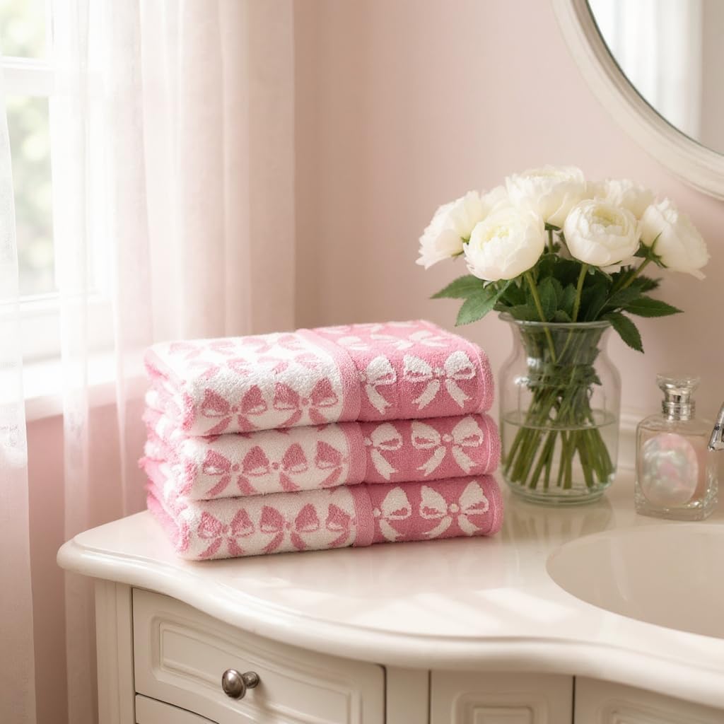 Luxury Bow Hand Towels – Set of 2 - Ultra-Absorbent & Quick-Dry Cotton Towels for Bathroom, Spa & Hotel Quality Comfort (Pink Bows, Hand Towel)