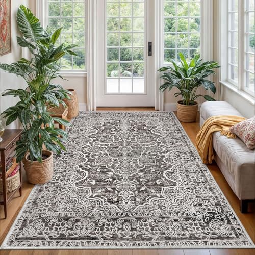 KUTA Vintage Area Rug 4x6 Living Room, Washable Rugs Distressed Tribal Tan Grey, Non-Slip Dining Room Carpet, Soft Low Pile Printed Cozy Small Area Throw for Bedroom, Nursery