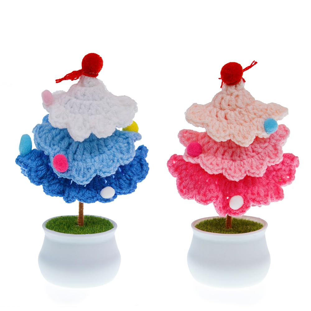 YiQiYi 3-Tier Christmas Tree Decoration Handcrafted Crocheted Artifical Plant Crochet Potted Knitted Chrismas Tree Gifts Home Decor (Blue Tree)