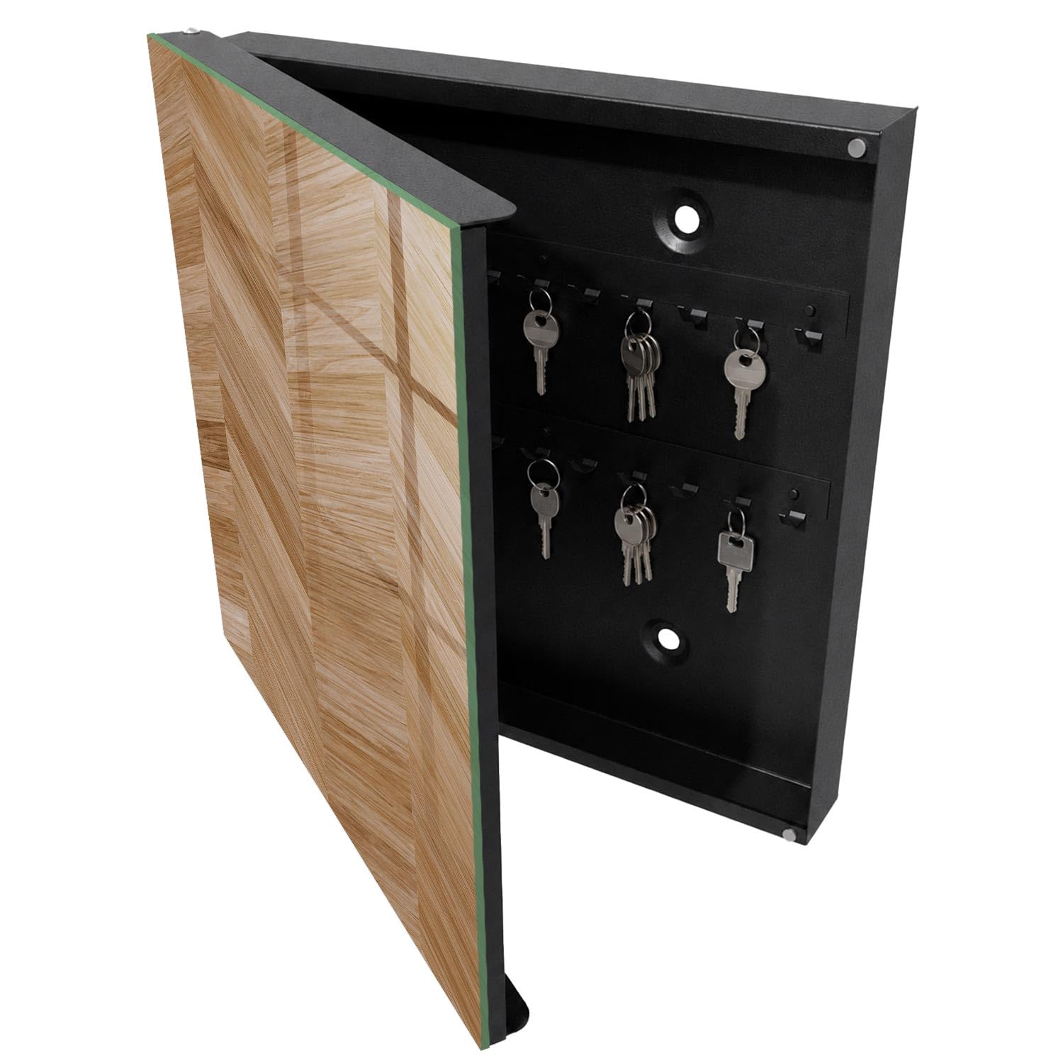 Armadietto Portachiavi 30x30 cm | Nero | A Sinistra | Montaggio a Parete | Legno a spina di pesce | Tasselli e Viti Inclusi | in Metallo | Frontale Decorativo in Vetro Temperato | per Uffici