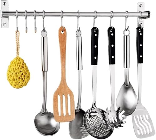 Ganchos deslizantes de cocina, riel de colgar de acero inoxidable para organizar utensilios de cocina, gancho en S extraíble para toalla, cuchara,