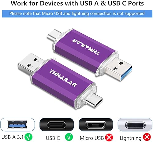 Miniatura 5 de Thkailar Unidad flash USB C de 1 TB 3.1 puertos USB A y tipo C, unidad de pulgar para PC, teléfonos Android, MacBook, laptop (morado)