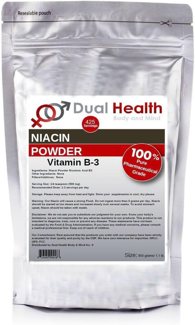 Niacin Powder (500g - 1.1 lb) Vitamin B3 Supplement Immediate Release Niacin with Flush Nicotinic Acid Non-GMO, Vegan, Gluten Free Fast Absorption No GMOs, Fillers, Additives, Heavy Metals