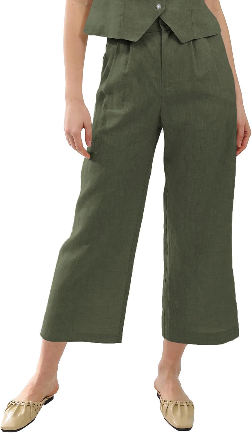 Amazhiyu Women's Linen Ankle Pants Pleated Front Wide Leg Straight Cropped Trouser