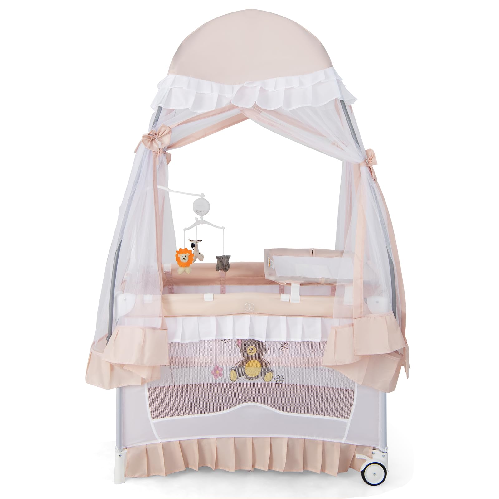 RELAX4LIFE Lettino da Campeggio con Lusso Baldacchino Zanzariera, Culla Neonato Fianco Letto con Materasso e Carillon, Ruote Bloccabili, per Bambini 0-36 Mesi (Rosa)