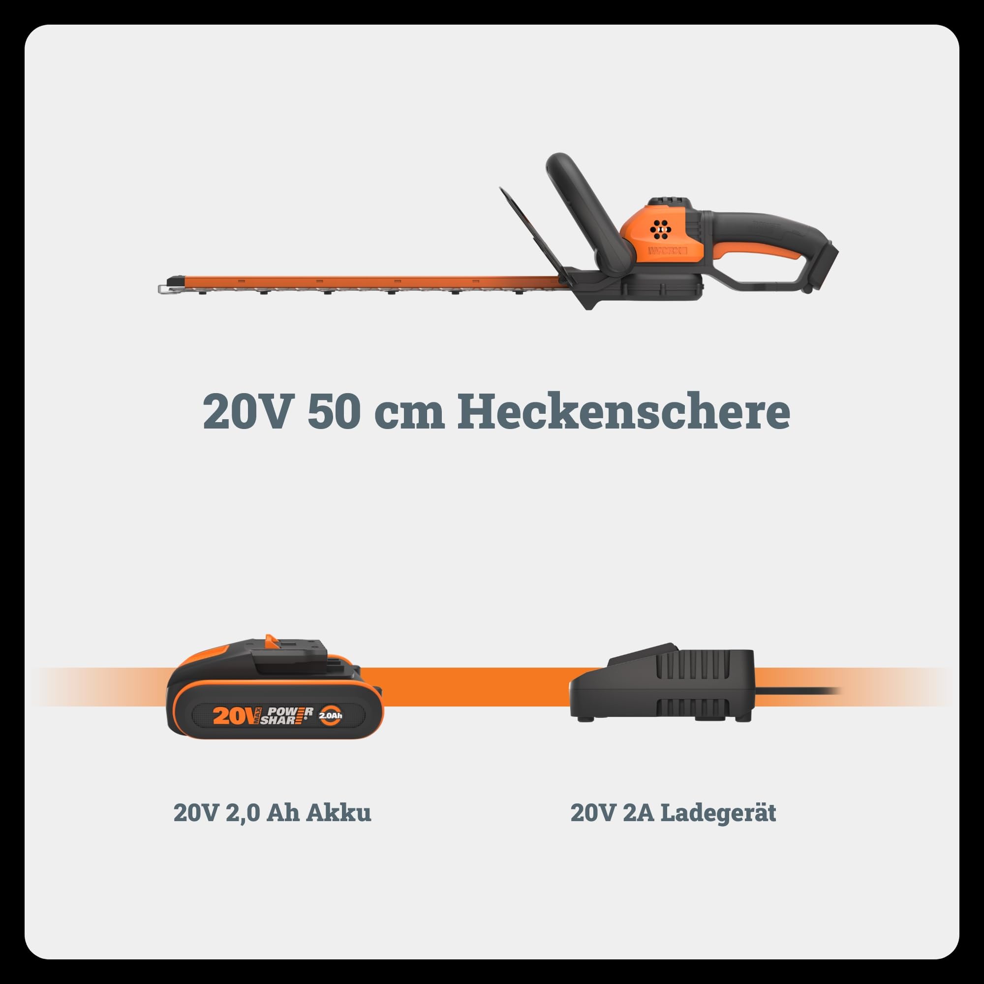 WORX WG261E Akku-Heckenschere 20V, inkl. 2Ah PowerShare Akku & Ladegerät | 45cm Schwertlänge, Zahnabstand 16mm, Doppelaktionsklinge, dreifach Einstellbarer Sicherheitshandgriff