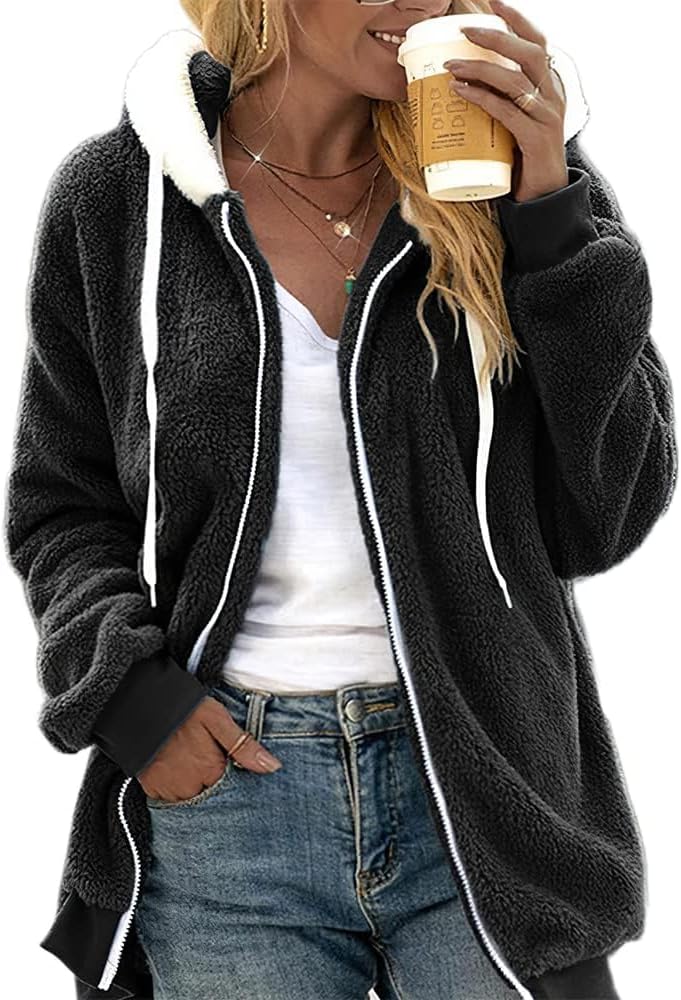 Bengbobar Women's Long Sleeve Zip Up Fleece Jackets Oversized Fall Winter Fashion Hooded Sweatshirt Warm Outwear Women Coats