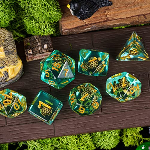 Image of Cusdie 7-Die DND Dice, Polyhedral Dice Set Filled with Animal, for Role Playing Game D&D Dice (Brown Turtle)