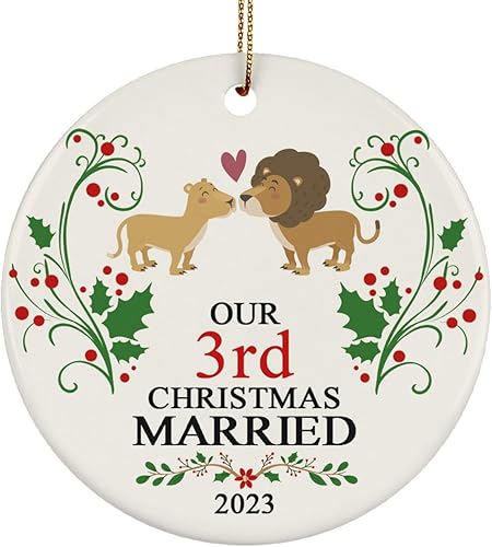 Divertido adorno de arte de león para parejas, con texto en inglés "Our 3rd Anniversary 3 Year Together 2023", adorno de cerámica para regalo,