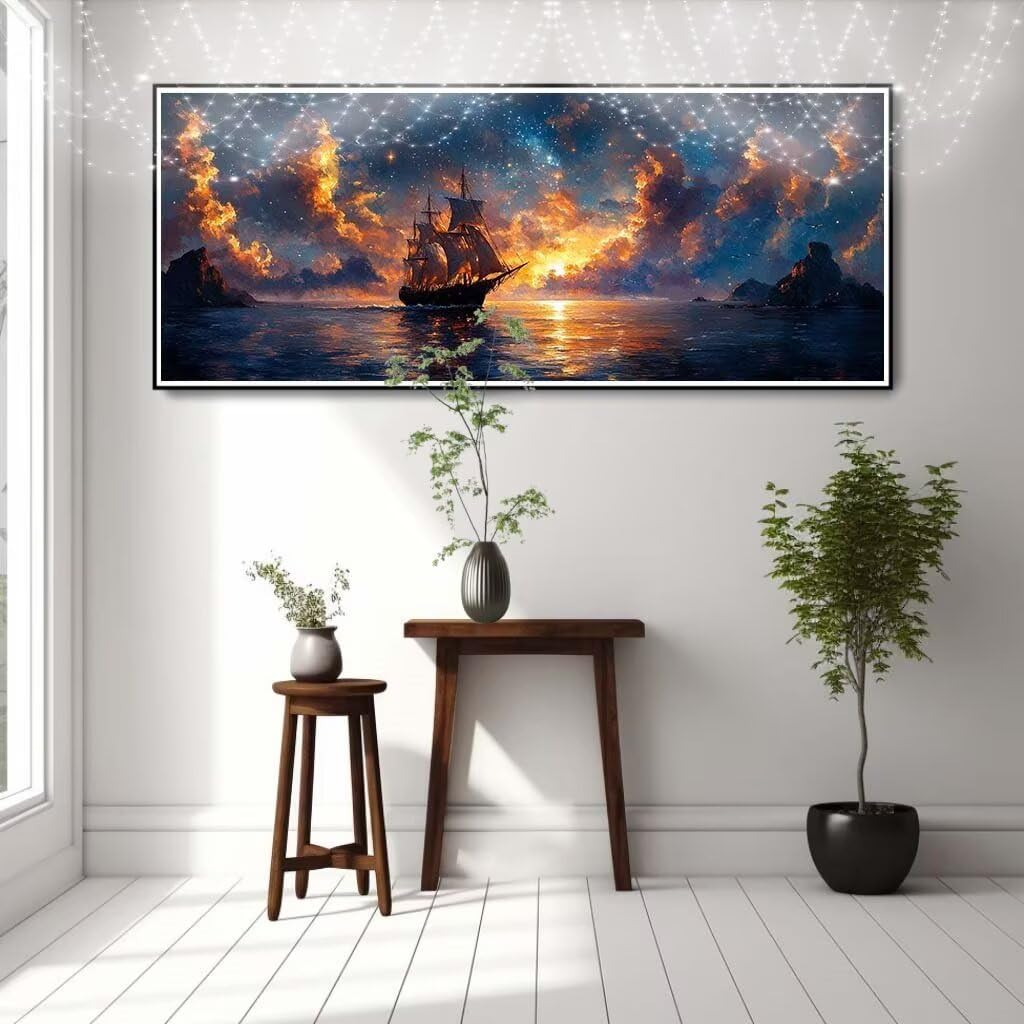 Malarstwo diamentowe 5D "zrób to sam" dla dzieci, mała żaglówka, gwiaździste niebo, obraz diamentowy 50 x 125 cm, tworzenie mozaiki według liczb, zestaw do malowania krzyżykowego, obraz dla dorosłych