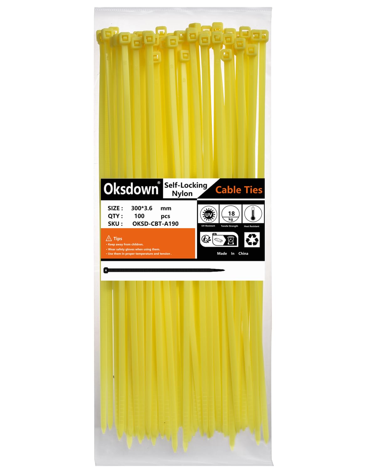 Oksdown 100 Pack Yellow Plastic Cable Ties 300mm×3.6mm Heavy Duty Strong Nylon Premium Self Locking 12 inch/30 cm Long Zip Tie Wraps