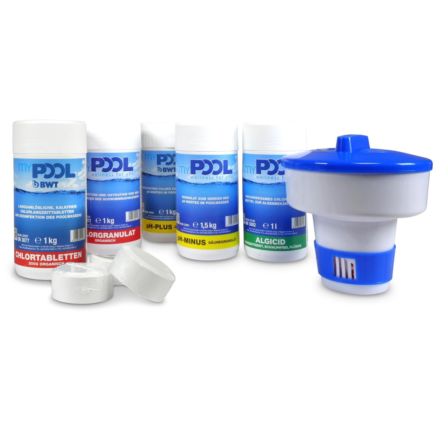 myPOOL Wasserpflege Set - 6-teiliges Starter Set auf Chlorbasis - pH Plus pH Minus Chlorgranulat Langzeittabletten Algenschutz und Dosierschwimmer - Optimal geeignet für Pools ab 15.000 l Volumen