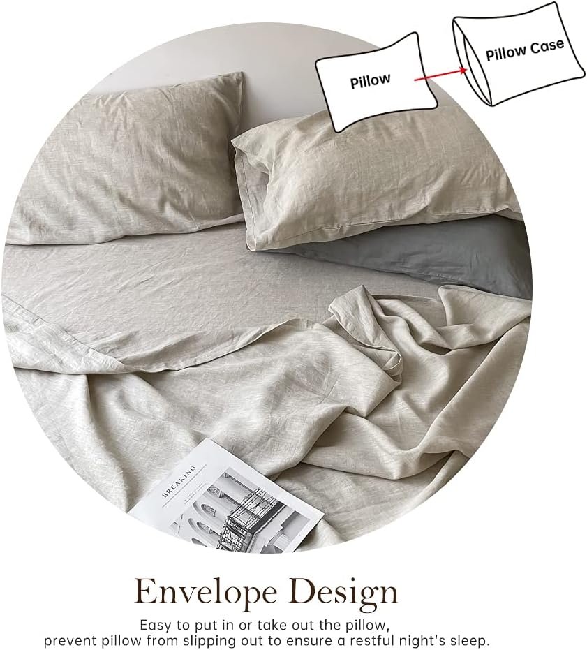 Simple&Opulence Washed Linen Bed Sheet Set Basic Style 4 Pieces (1 Flat Sheet & 1 Fitted Sheet & 2 Pillowcases) 100% Natural French Flax Soft Breathable Farmhouse Bedding (King, Linen) - Image 5