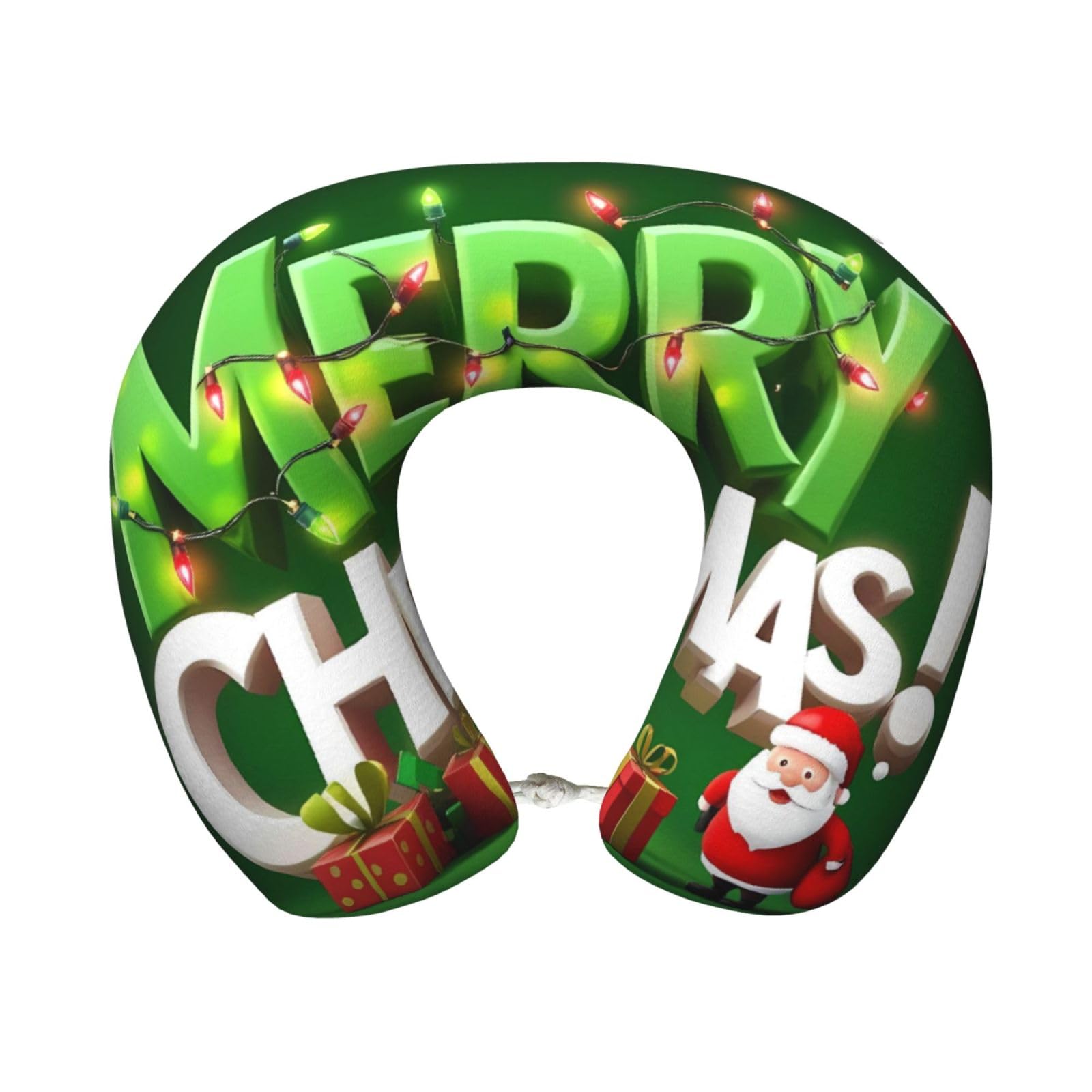 XingFox Merry Christmas Print Travel Pillow Memory Foam, Portable Neck Pillow for Airplane, Car and Office