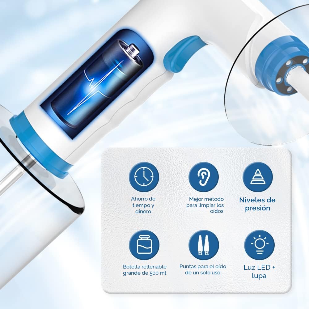 Kit de Limpiador de Oídos, 4 Modos Limpia Oidos Cera, Sistema de Riego Oídos con Puntas desechables y lavabo para Atrapar los oídos (9+1 puntas desechables)