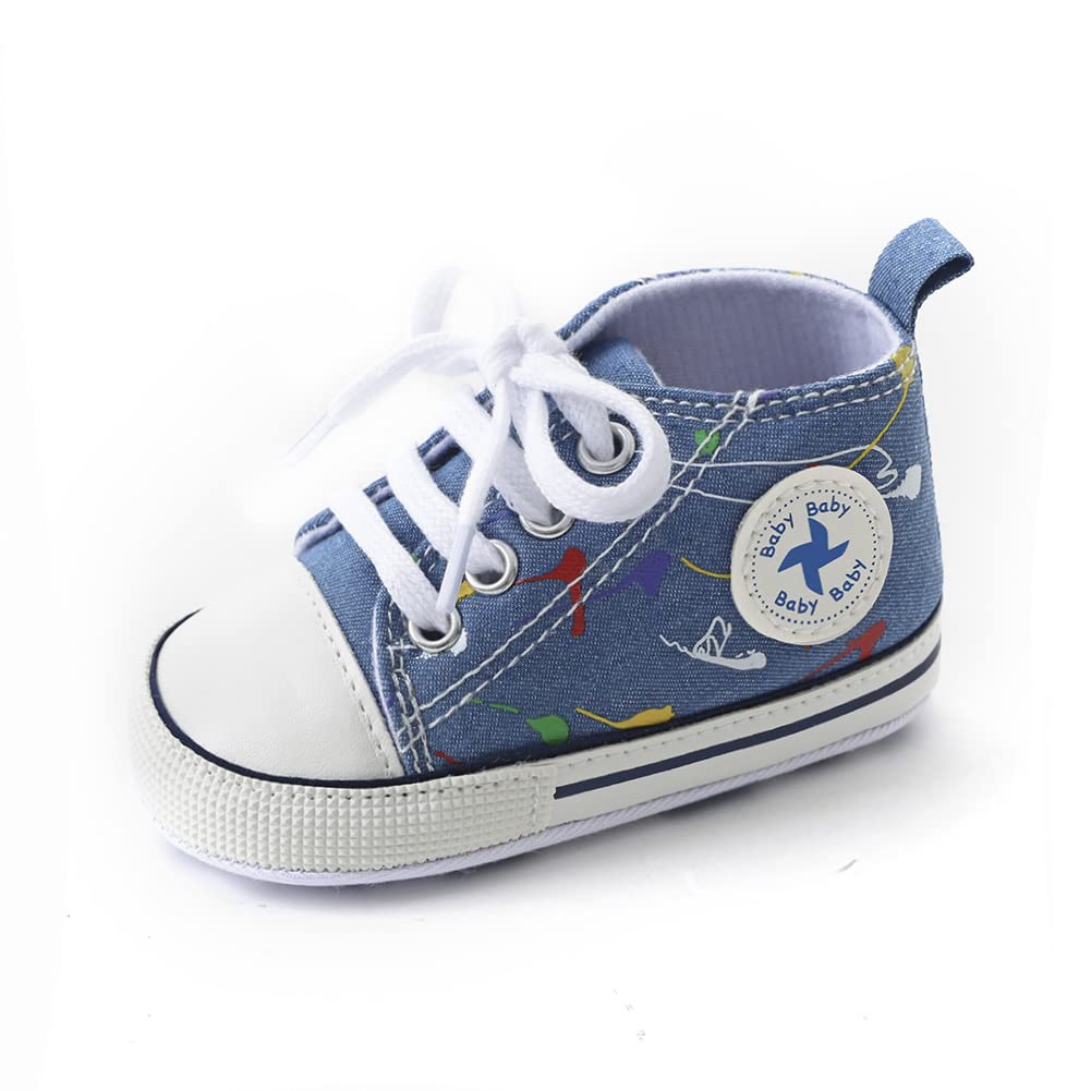 UARO Baby Boys Girls Star High Top Sneaker Soft Anti-Slip Sole Newborn Infant First Walkers Canvas Denim Shoes (A12-DenimBlue, 12-18 Months)