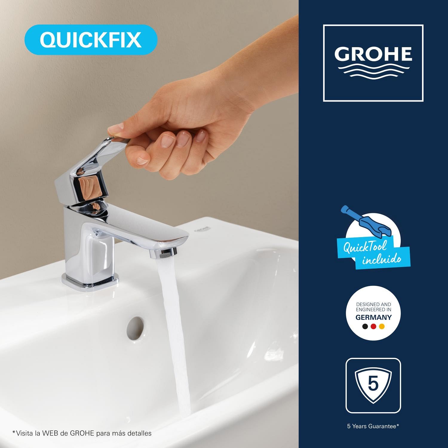 GROHE Dice - Grifo mezclador de lavabo de cuerpo liso (Talla XS, cartucho cerámico de 28 mm, ahorro de agua, latiguillos de 3/8", herramienta QuickTool incluida), Cromado, 1018550000