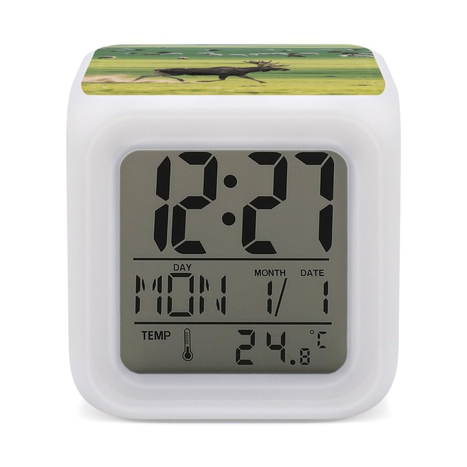 VstaDank Moose Alarm Clock with Date Temperature Large LED Display Number Clocks with 7 Colors Changing Desk Clock Battery Operated Digital Clocks with Date for Heavy Sleepers