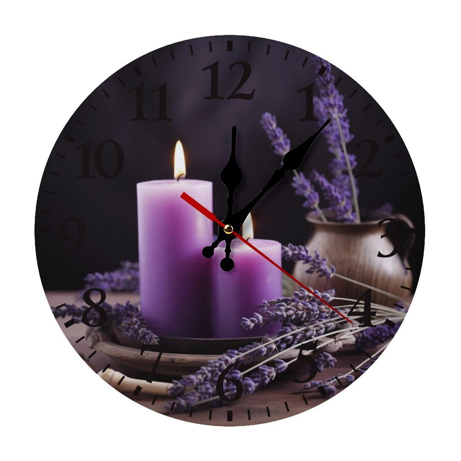 NTVOWPZO 10 Inch Wall Clock Purple Lavender with Candles Battery Operated Wall Clocks Silent Non-Ticking Round Wall Clock for Living Room Kitchen Home Office Wall Decorative Clock