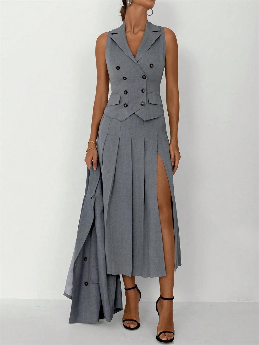 Women Work Business Suit Fitted Vest Pleated Midi Skirt Two-Piece Set