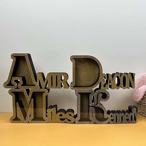 Miniatura 6 de Hucha de madera personalizada con nombre para niños y niñas, alcancías grandes, 26 letras del alfabeto inglés, letra A, caja de ahorro de dinero