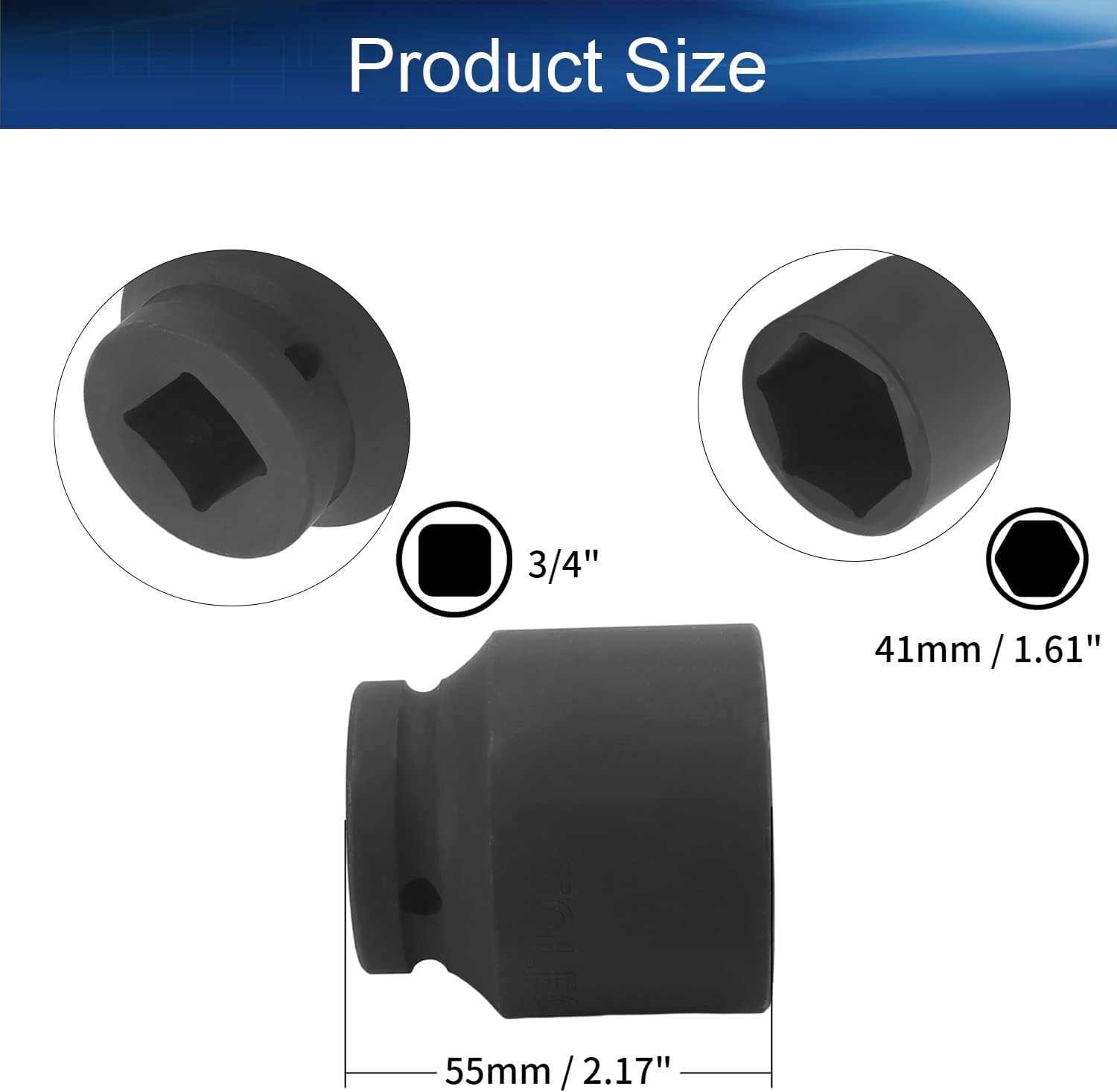 Auniwaig 3/4-Inch Drive 6-Point by 41mm Shallow Impact Socket,Metric，Cr-Mo 55mm Length 1Pcs