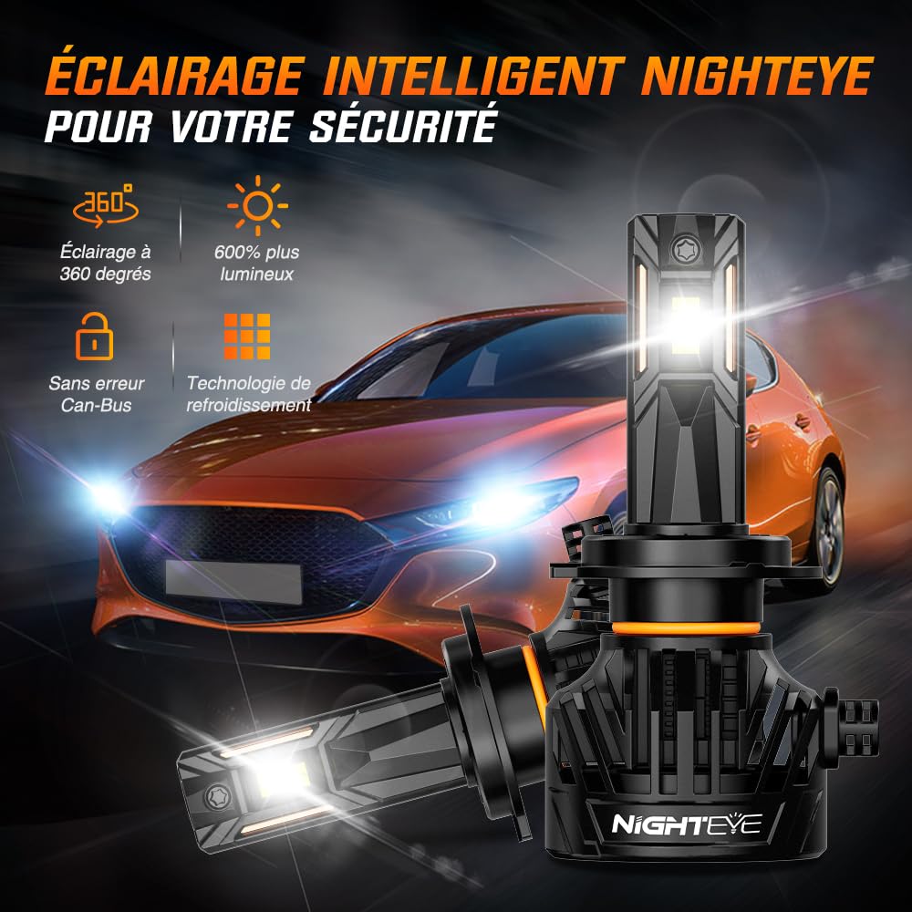 NIGHTEYE Bombillas LED H7 34000LM, Blanco Frío 6500K, Pack de 2 | 130W, Plug & Play, 100000 Horas, IP68 Impermeable, 12000RPM, Ventilador de alta velocidad
