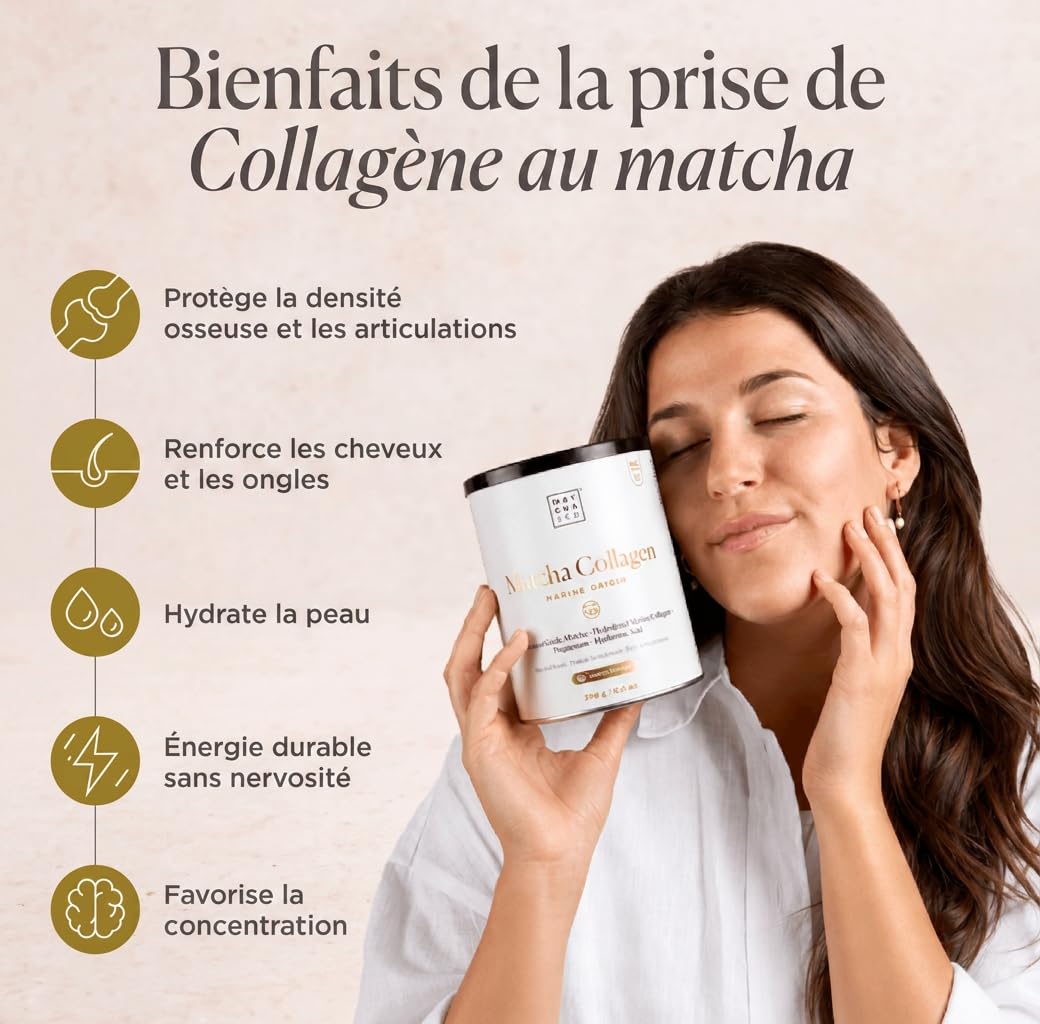 Matcha Collagène Marin en Poudre avec Magnésium et Acide Hyaluronique – Saveur Matcha Citron – Pour Articulations, Peau et Ongles – 296 g