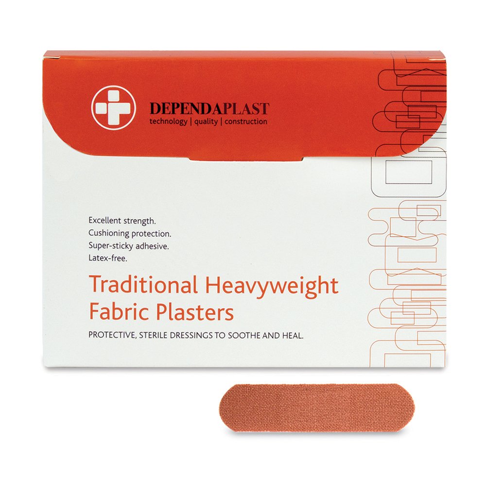 Dependaplast Traditional Heavyweight Fabric Plasters. Extra Cushioning And Physical Protection - Heavy Elastic Fabric - Super-Sticky Zinc Oxide Adhesive (7.5 X 2.5 Cm, Pack of 100[Amazon-developed Certification] Compact by Design
