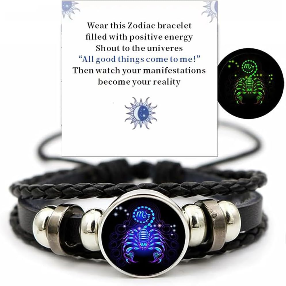 Gleym Bracelets, Zodiac Signs Spirit Bracelet, Multilayer Adjustable 12 Constellation Zodiac PU Leather Bracelet, Gleym Manifestation Bracelets Jewelry Gifts for Women and Man