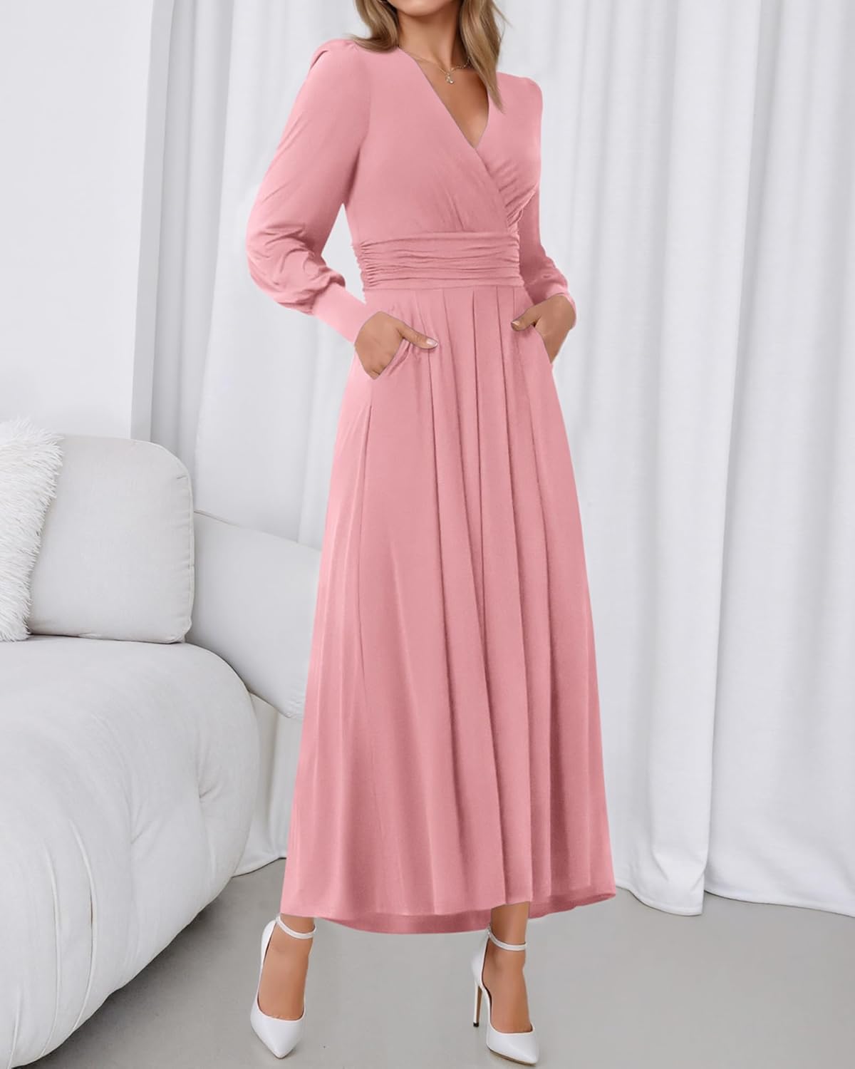 BTFBM Womens Long Sleeve Maxi Dress Fall 2025 Casual V Neck Knit A Line Flowy Pockets Elegant Party Wedding Guest Dresses - Image 6