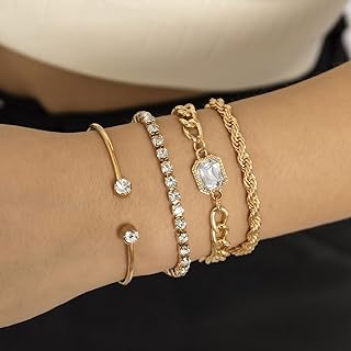 4pcs Hip Hop Crystal Fashion bracelet empilable pour les femmes et les filles Hand Accessories (Or)