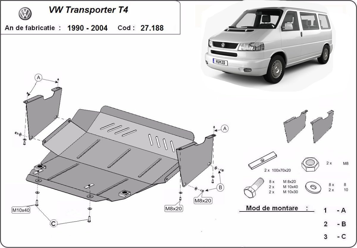 Protección inferior del motor metálica compatible con VW Transporter T4 Caravelle (1990-2003)