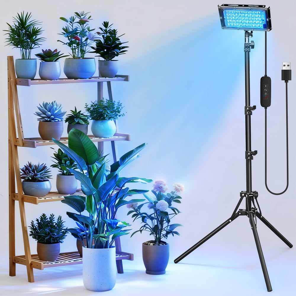 Luz de cultivo para plantas de interior, luz LED de cultivo de plantas con soporte de trípode ajustable de 32.7 a 61.5 pulgadas, espectro rojo y azul, alimentado por USB con temporizador de 3/9/12