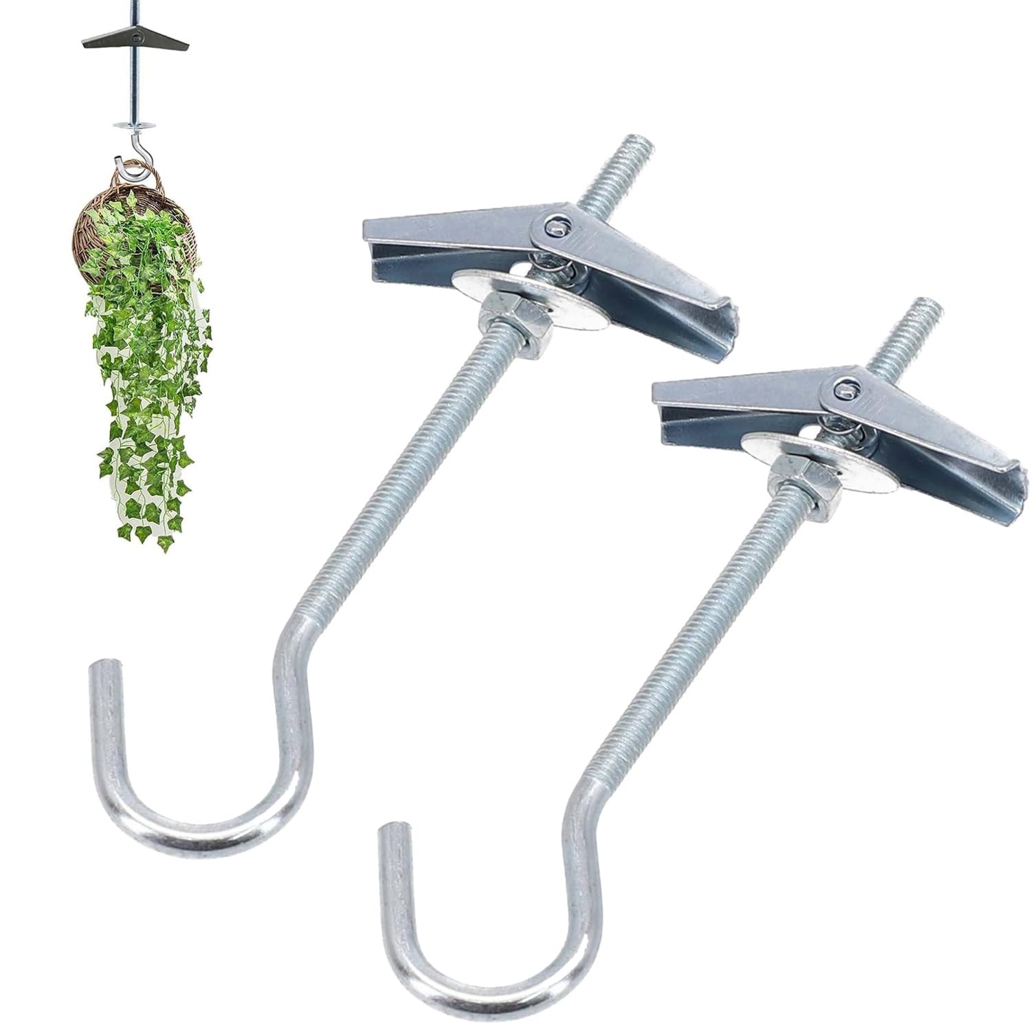 Weikang Silver 2 Pcs Ceilings Hooks,Hang Plants Plasterboard Ceiling Hook,Hang Plants Wing Spring Toggle Hook, Plasterboard Wall Mounted Ceiling Hanger Heavy Duty Swag Hooks,For Cavity Walls Fixing Lights Flowerpots
