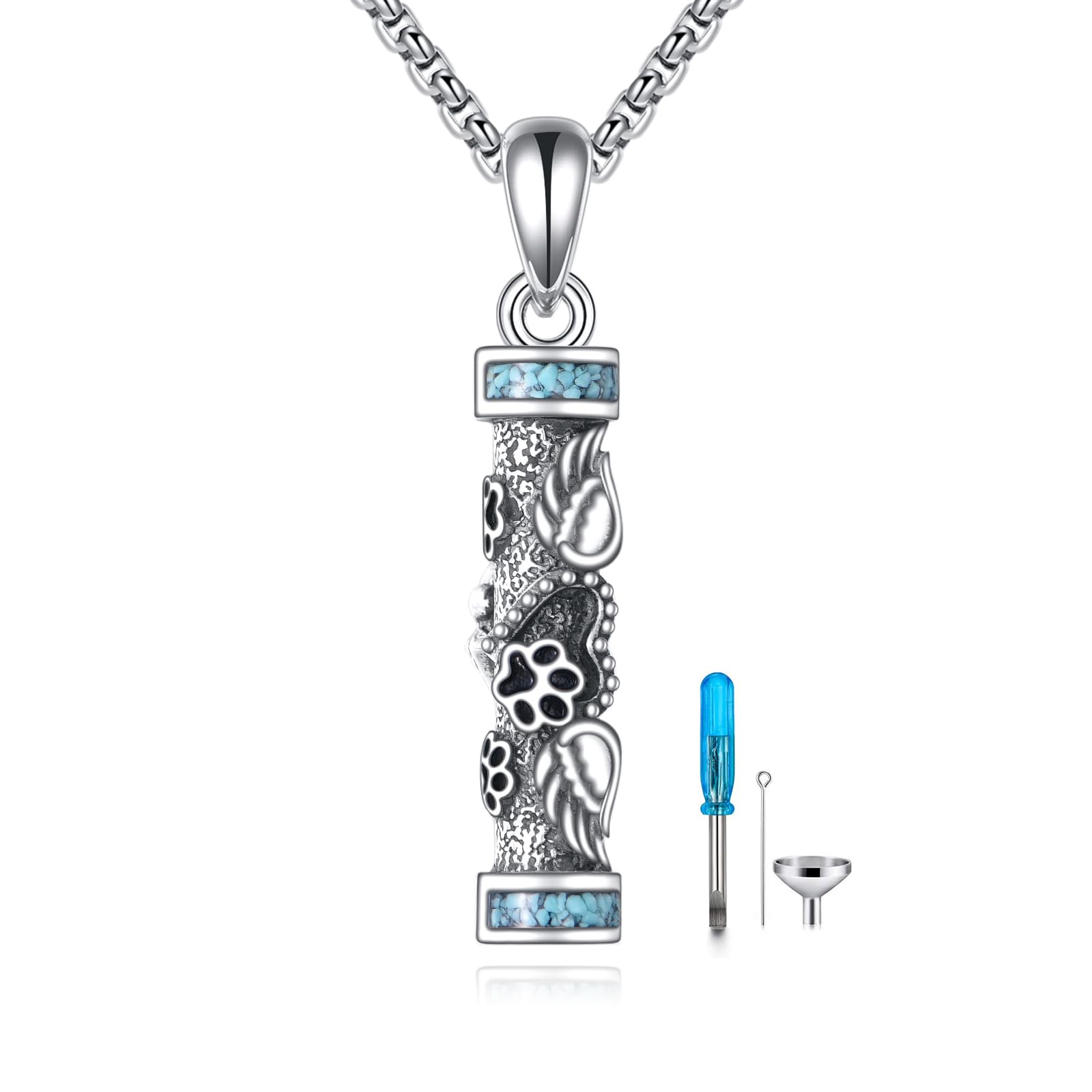 URONE Cylinder Cremation Urn Necklace for Ashes 925 Sterling Silver Paw Print Angel Wings Urn Necklace with Hollow Cylinder for Ashes Memorial Keepsake Ashes Jewellery for Pets Ashes