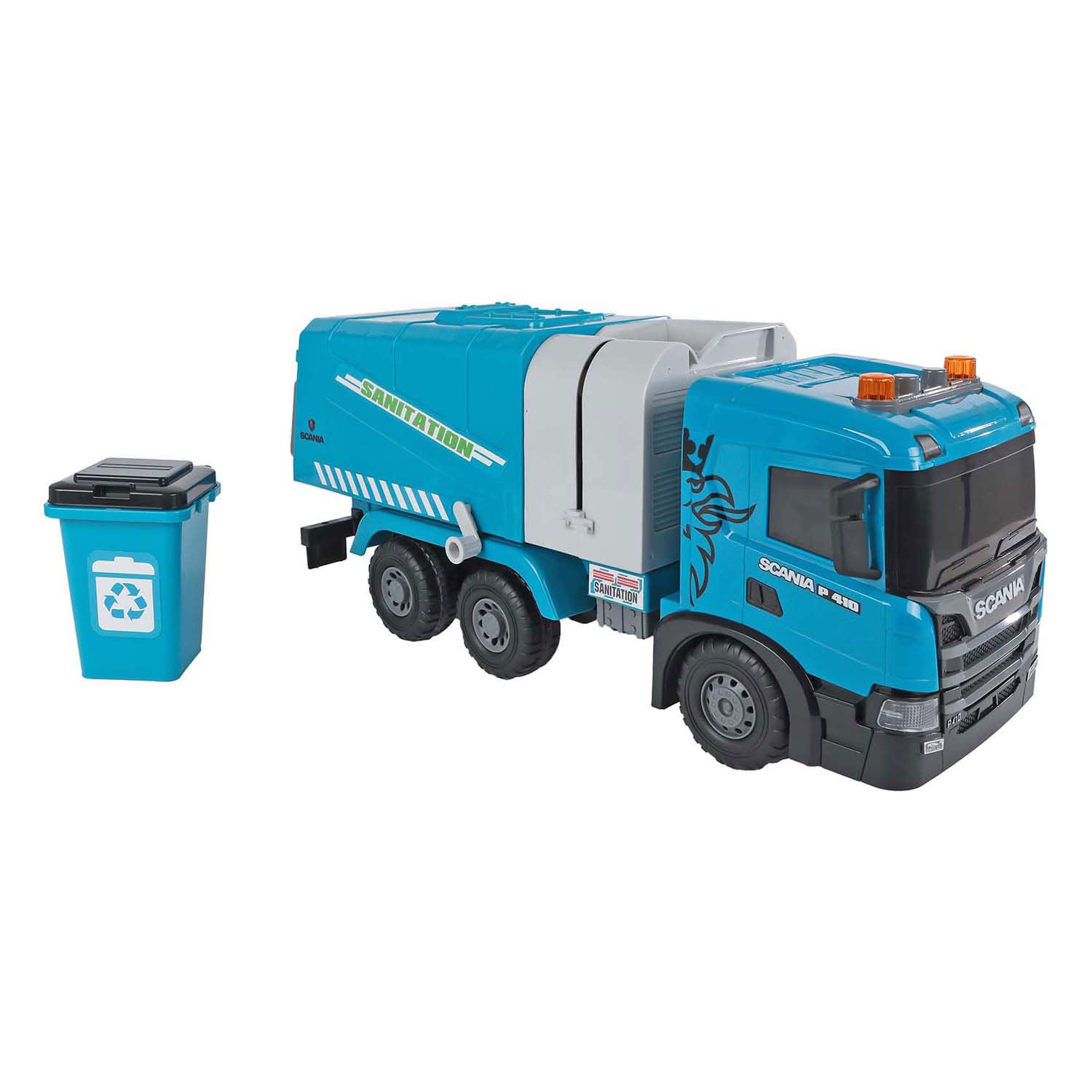 Kids Globe 2Play Scania Müllabfuhr (blau, mit Licht und Sound, Friktionsantrieb, bewegliche Klappen, 56x20x30 cm, Kinder Fahrzeug, Fahrzeug zum Spielen, Müllabfuhr für Kinder) 510424