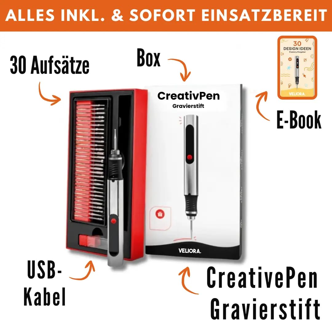 Creative Pen Gravurstift für DIY & Kunstprojekte, 30 Gravierköpfe, geeignet für 50+ Oberflächen, wiederaufladbar, ergonomisch und kabellos.