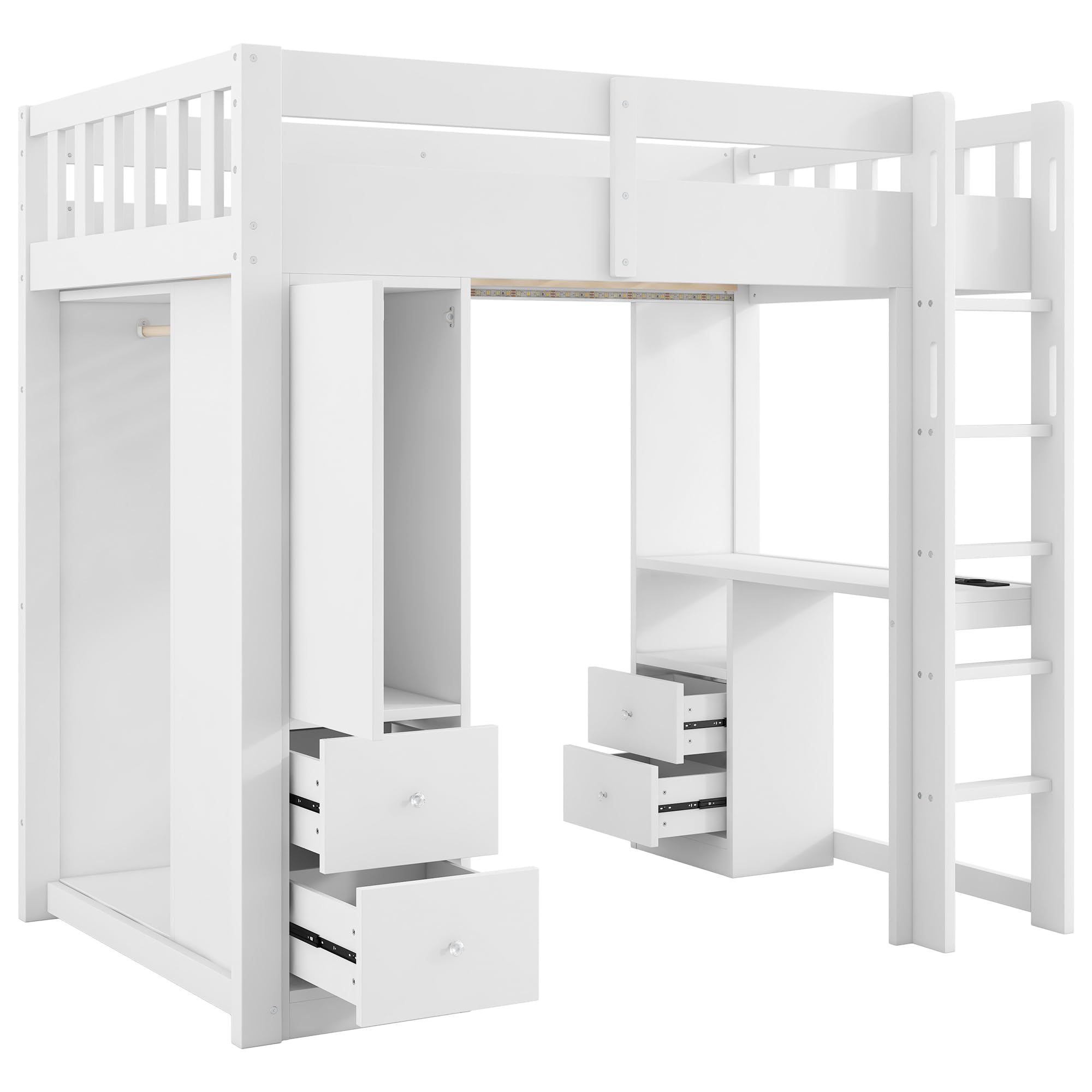 Letto a soppalco 90 x 200 cm, con 4 cassetti e 1 armadietto, sotto il letto, armadio aperto, luce LED e USB, bianco (90 x 200 cm)