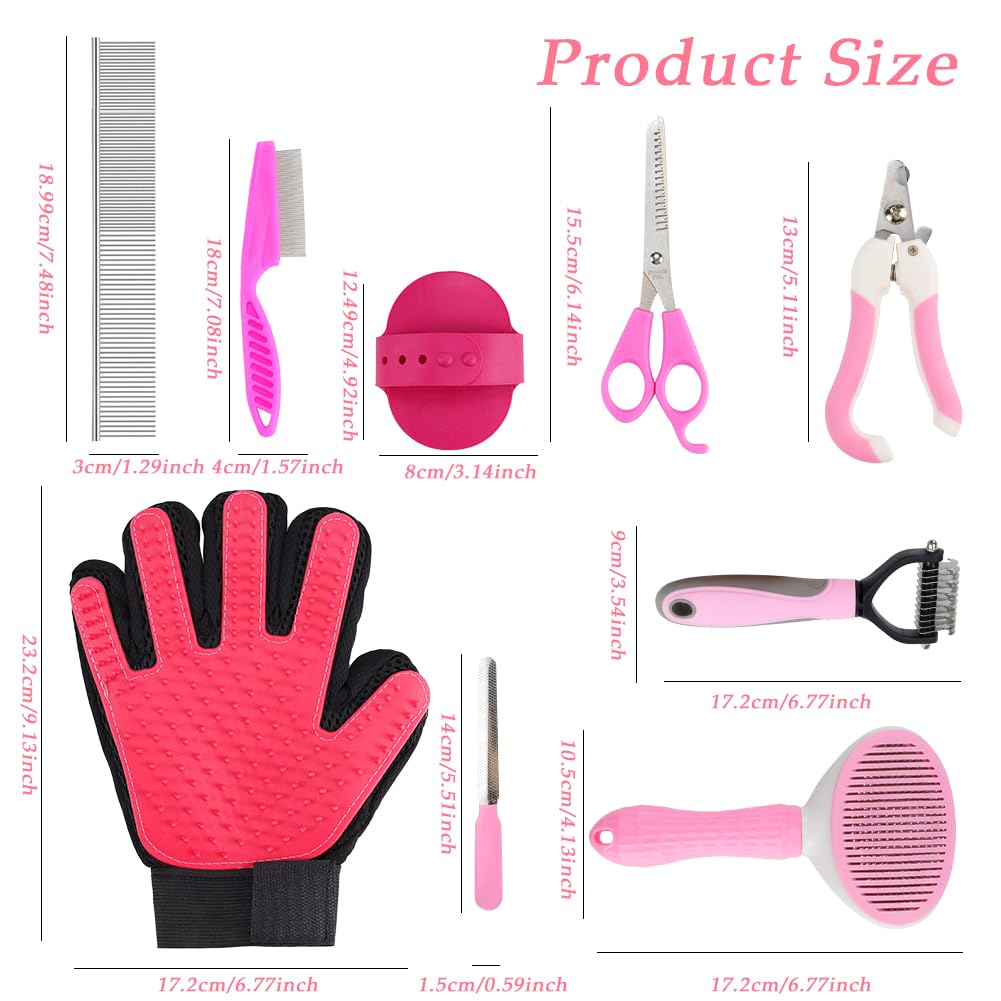 Kit de limpieza de cepillo de aseo para perros, 9 piezas todo en uno, kit de autolimpieza para mascotas con cepillo más resbaladizo, herramienta para desenredar, juego de tijeras de aseo para