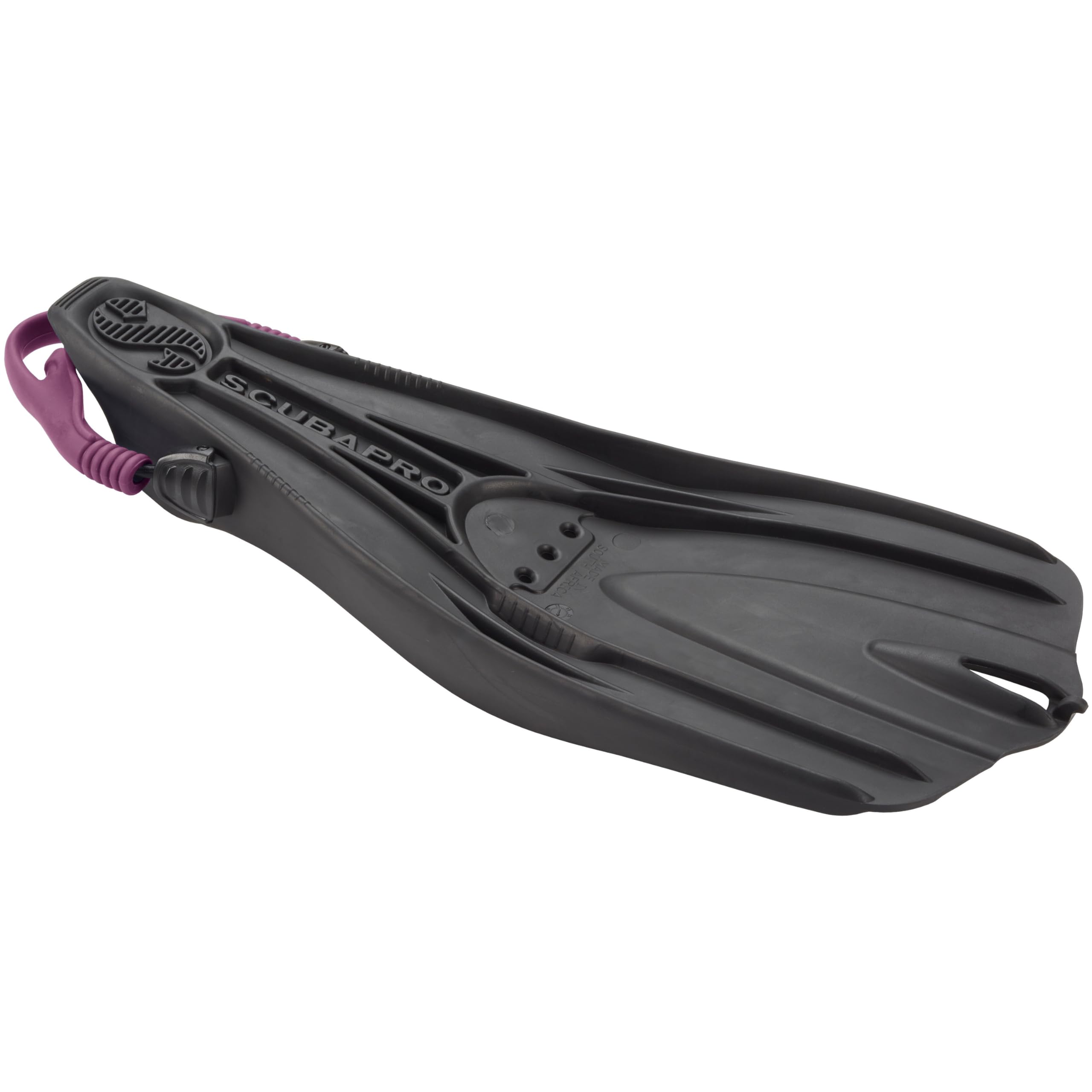 SCUBAPRO GO Travel Scuba Diving Fin for Snorkeling, Diving and Swimming, Black Fin with Purple Bungee Open Heel Strap, 3XS