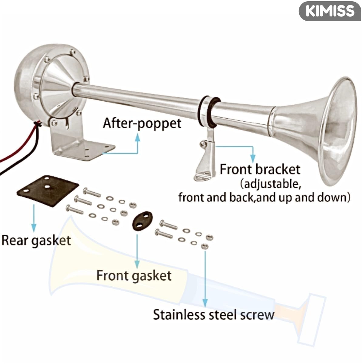KIMISS Tromba Singola Ad Alto Volume ，VXH1112MAR‑C 328DB Tromba Ad Aria a Tromba Singola 12V 30W in Acciaio Inossidabile Universale per Barche, Camper e Yacht
