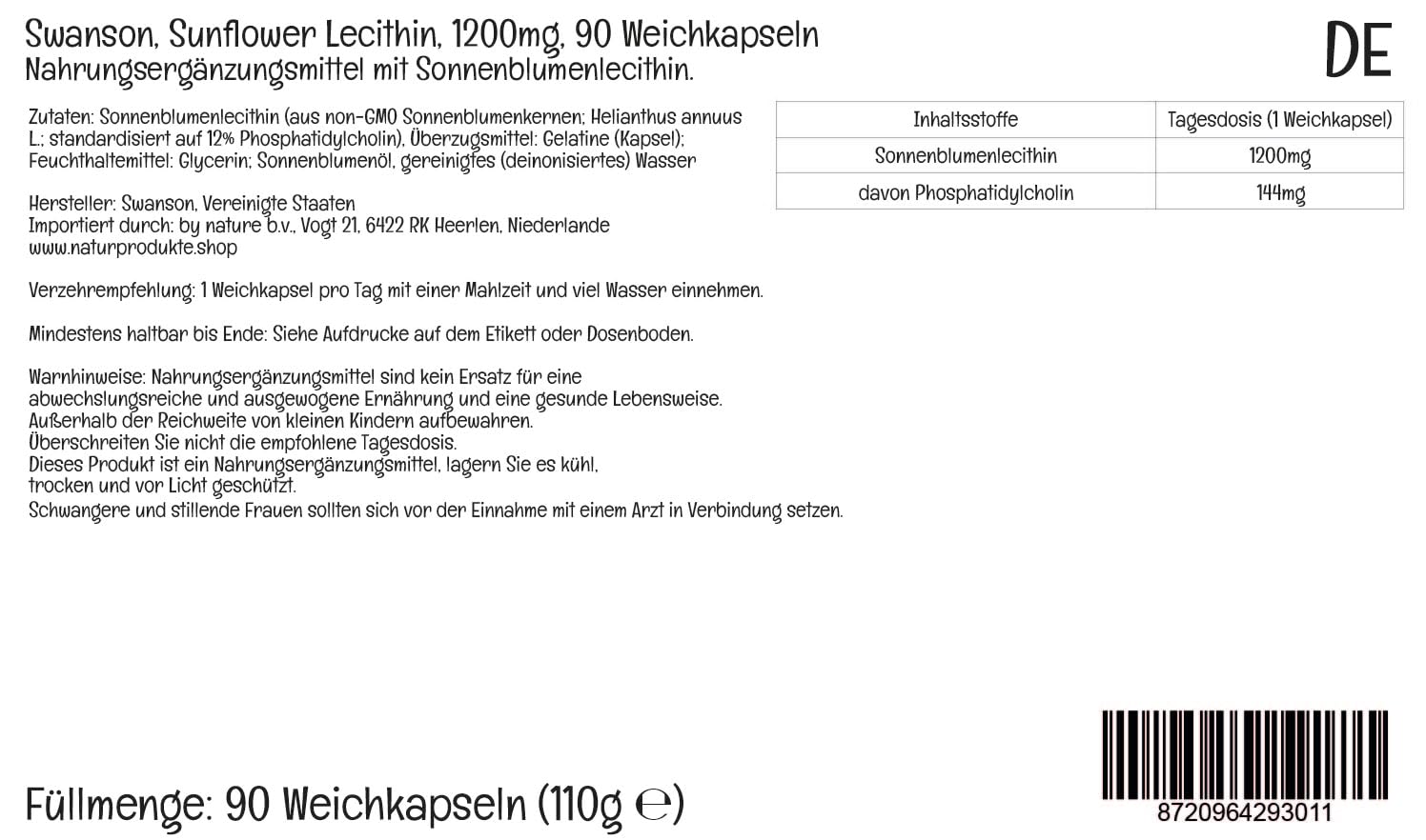 Swanson, Sunflower Lecithin, 1200 mg, Lecitina de Girasol, Alta Dosificación, 90 Cápsulas blandas, Testado en Laboratorio, Sin Soja, Sin Gluten, No GMO