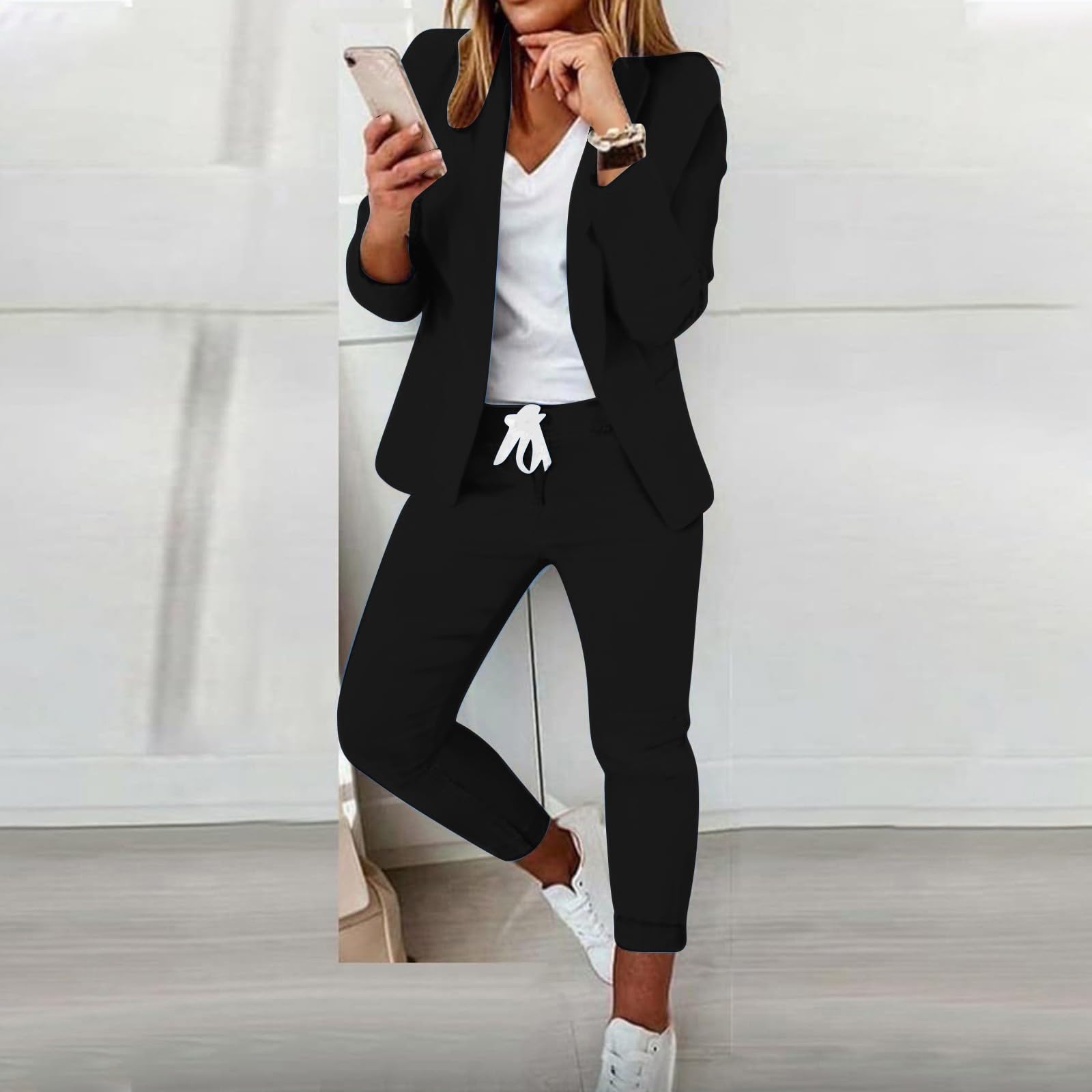 Generisch Hosenanzug Damen Elegant 2 Teilig Hosenanzug Langarm Business Anzug Set Zweiteiler Einfarbig Blazer Hose Festlich Lange Hosenanzüge Slimfit Streetwear Frauen Baumwolle Freizeitanzug